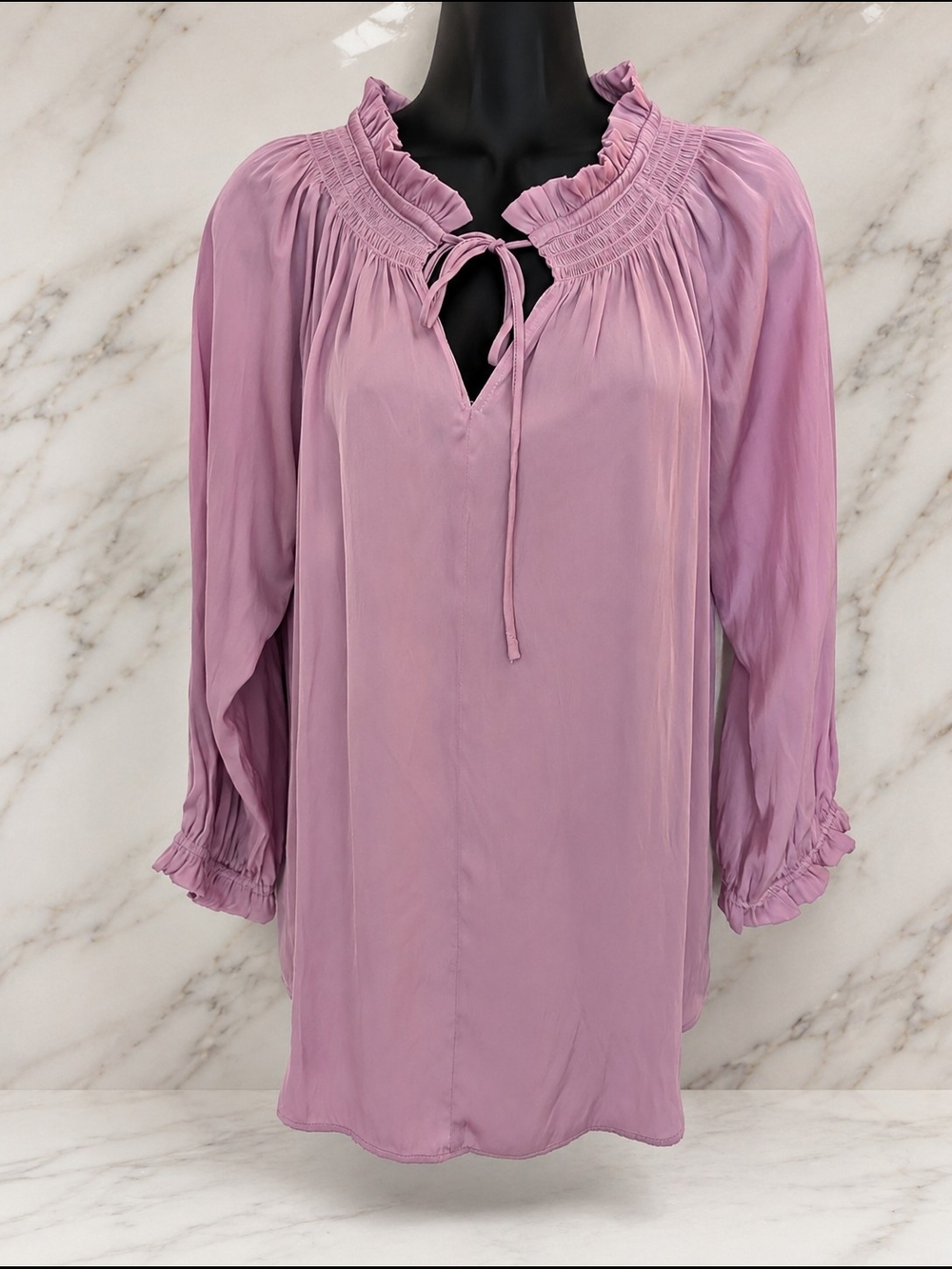 Joan Vass New York Pink Ruffle Neck Tie Front Blouse Size M Long Sleeve